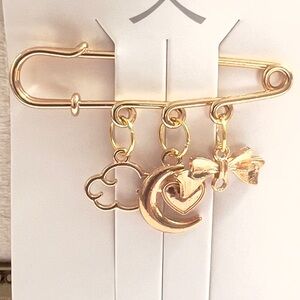 Gold Tone Moon & Bow Charm Safety Pin Brooch